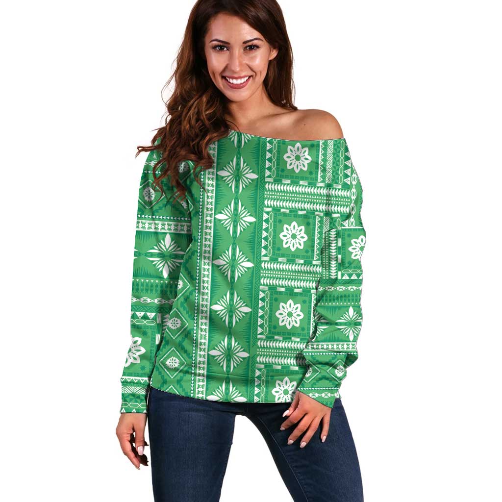 Fiji Masi All Green Off Shoulder Sweater Tapa Pattern LT01 Women Green - Polynesian Pride