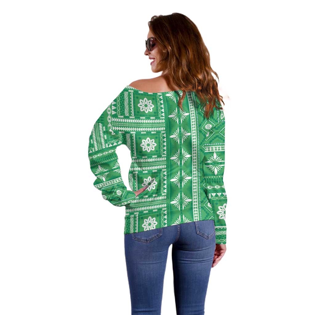 Fiji Masi All Green Off Shoulder Sweater Tapa Pattern LT01 - Polynesian Pride