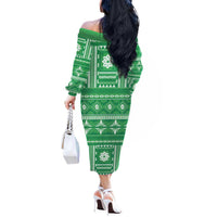 Fiji Masi All Green Off The Shoulder Long Sleeve Dress Tapa Pattern LT01 - Polynesian Pride