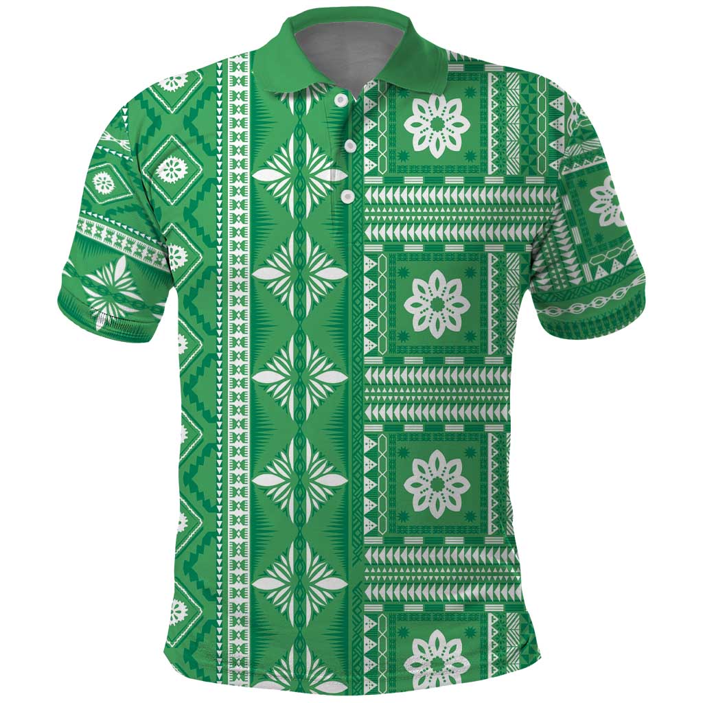 Fiji Masi All Green Polo Shirt Tapa Pattern LT01 Green - Polynesian Pride