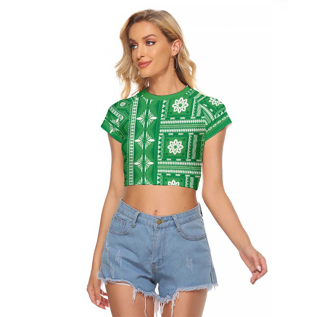 Fiji Masi All Green Raglan Cropped T Shirt Tapa Pattern LT01 Female Green - Polynesian Pride