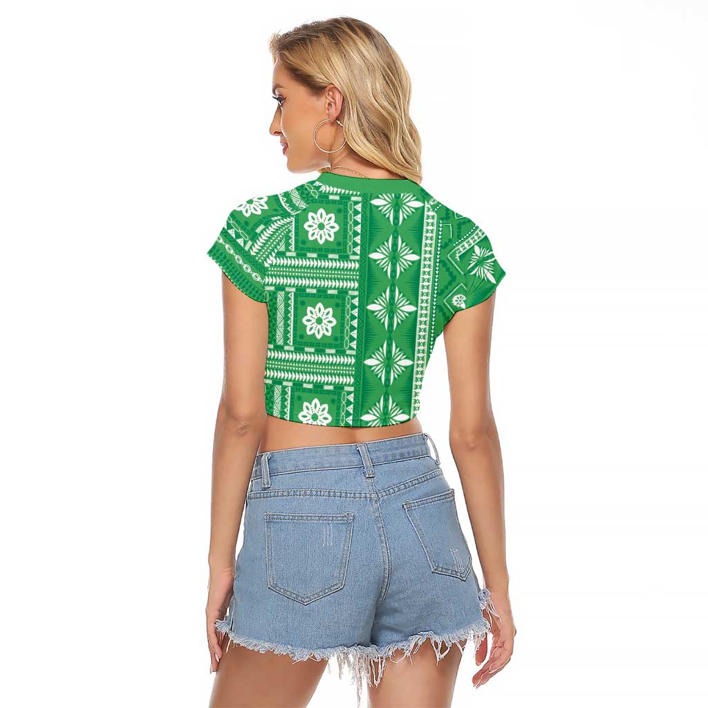 Fiji Masi All Green Raglan Cropped T Shirt Tapa Pattern LT01 - Polynesian Pride