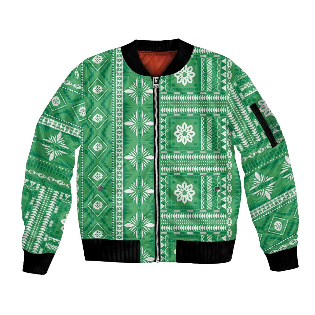 Fiji Masi All Green Sleeve Zip Bomber Jacket Tapa Pattern LT01 Unisex Green - Polynesian Pride