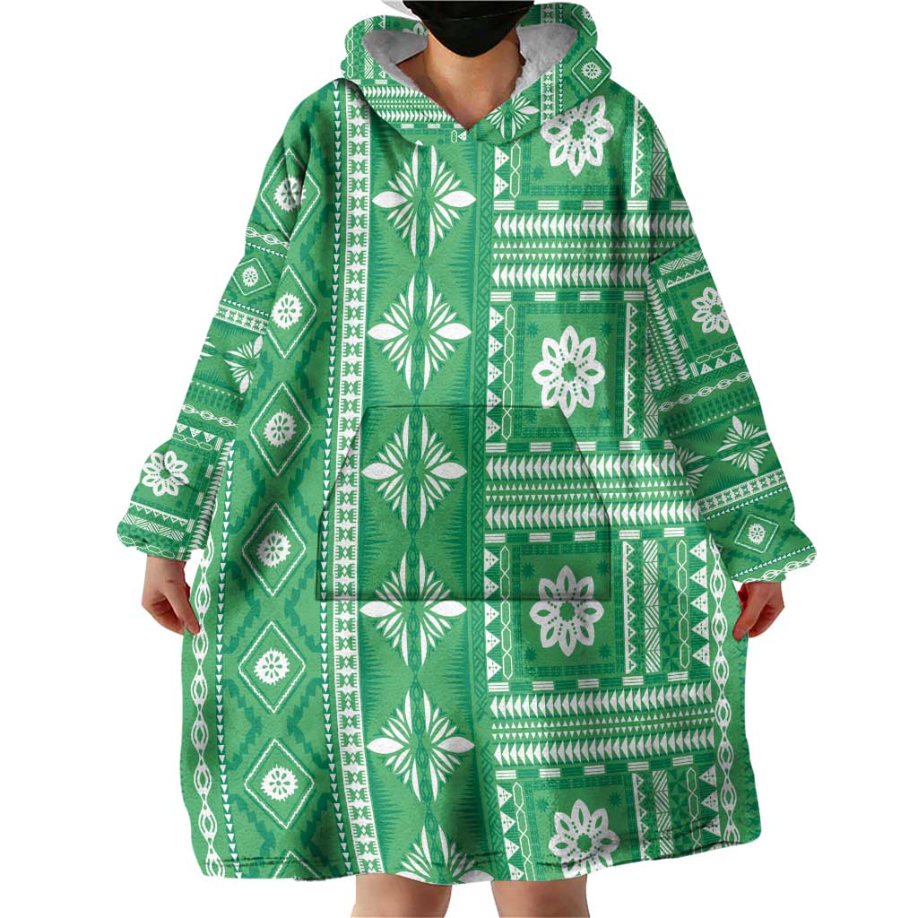 Fiji Masi All Green Wearable Blanket Hoodie Tapa Pattern LT01 - Polynesian Pride