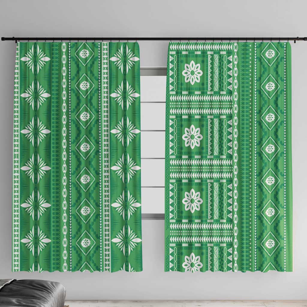 Fiji Masi All Green Window Curtain Tapa Pattern LT01 With Hooks Green - Polynesian Pride