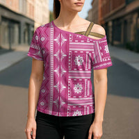 Fiji Masi All Pink Cross Shoulder Shirt Tapa Pattern LT01 - Polynesian Pride