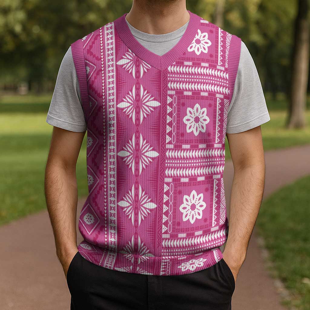 Fiji Masi All Pink Christmas Knitted V-Neck Vest Tapa Pattern LT01 - Polynesian Pride
