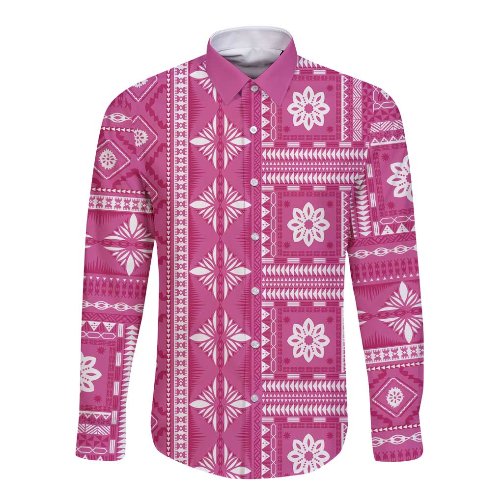 Fiji Masi All Pink Long Sleeve Button Shirt Tapa Pattern LT01 Unisex Pink - Polynesian Pride