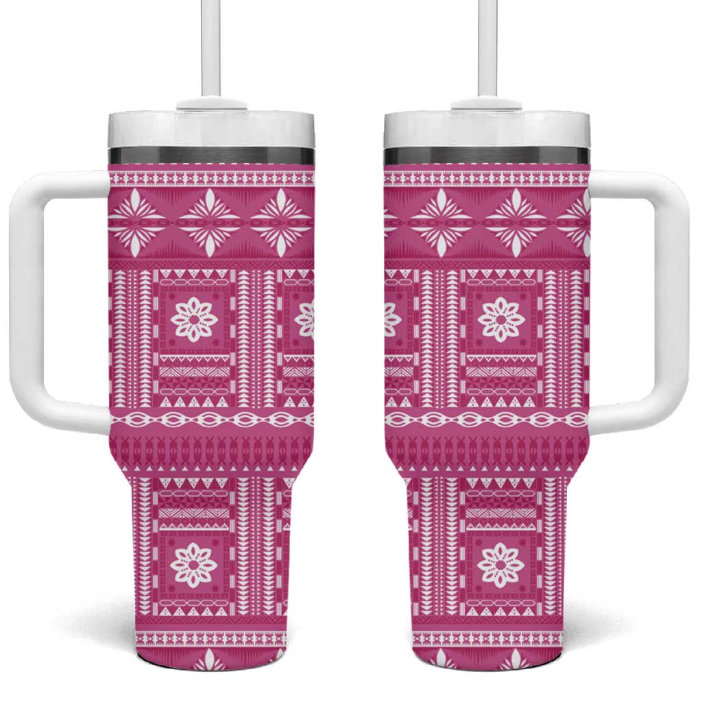 Fiji Masi All Pink Tumbler With Handle Tapa Pattern LT01 One Size: 40 oz Pink - Polynesian Pride
