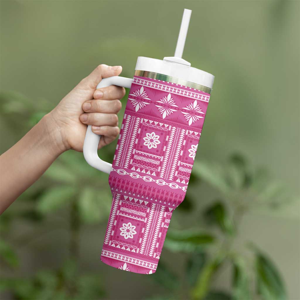 Fiji Masi All Pink Tumbler With Handle Tapa Pattern LT01 - Polynesian Pride