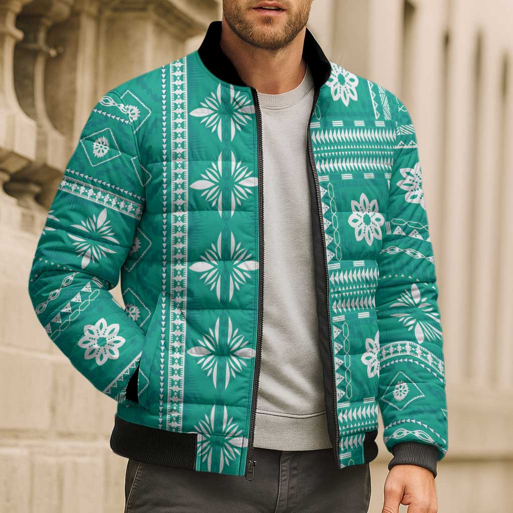 Fiji Masi All Teal Bomber Puffer Jacket Tapa Pattern LT01 - Polynesian Pride