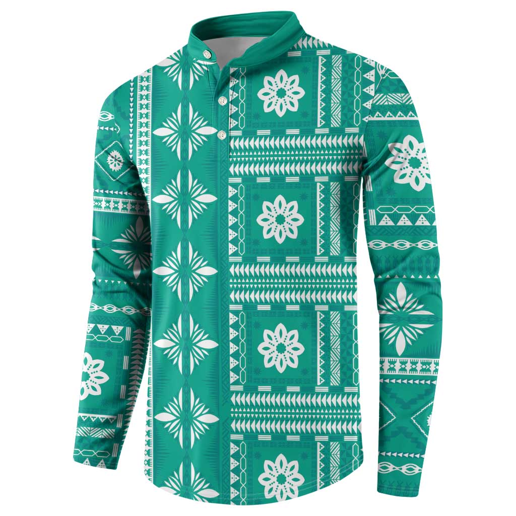 Fiji Masi All Teal Button Sweatshirt Tapa Pattern LT01 - Polynesian Pride