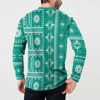 Fiji Masi All Teal Button Sweatshirt Tapa Pattern LT01 - Polynesian Pride