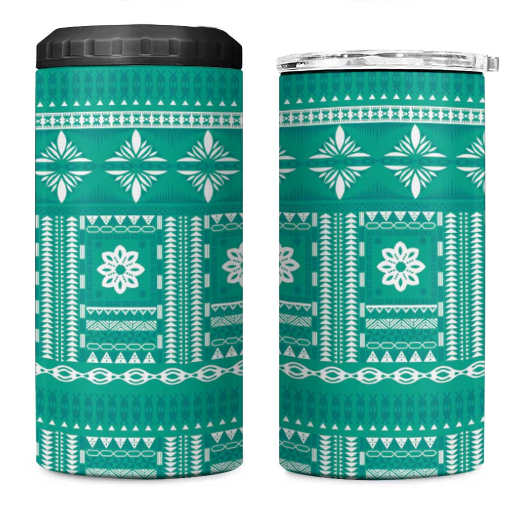 Fiji Masi All Teal 4 in 1 Can Cooler Tumbler Tapa Pattern LT01 One Size: 16 oz Teal - Polynesian Pride