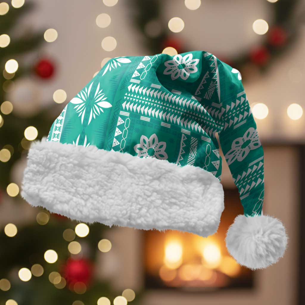 Fiji Masi All Teal Christmas Santa Hat Tapa Pattern LT01 With Fur Teal - Polynesian Pride