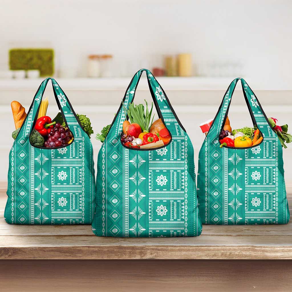 Fiji Masi All Teal Grocery Bag Tapa Pattern LT01 3-pack One Size Teal - Polynesian Pride