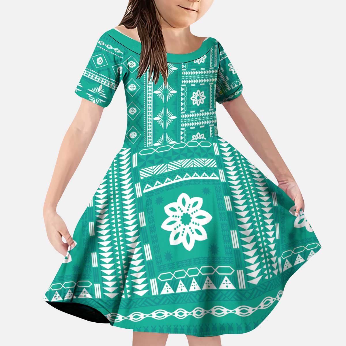 Fiji Masi All Teal Kid Short Sleeve Dress Tapa Pattern LT01 KID Teal - Polynesian Pride