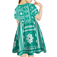Fiji Masi All Teal Kid Short Sleeve Dress Tapa Pattern LT01 - Polynesian Pride