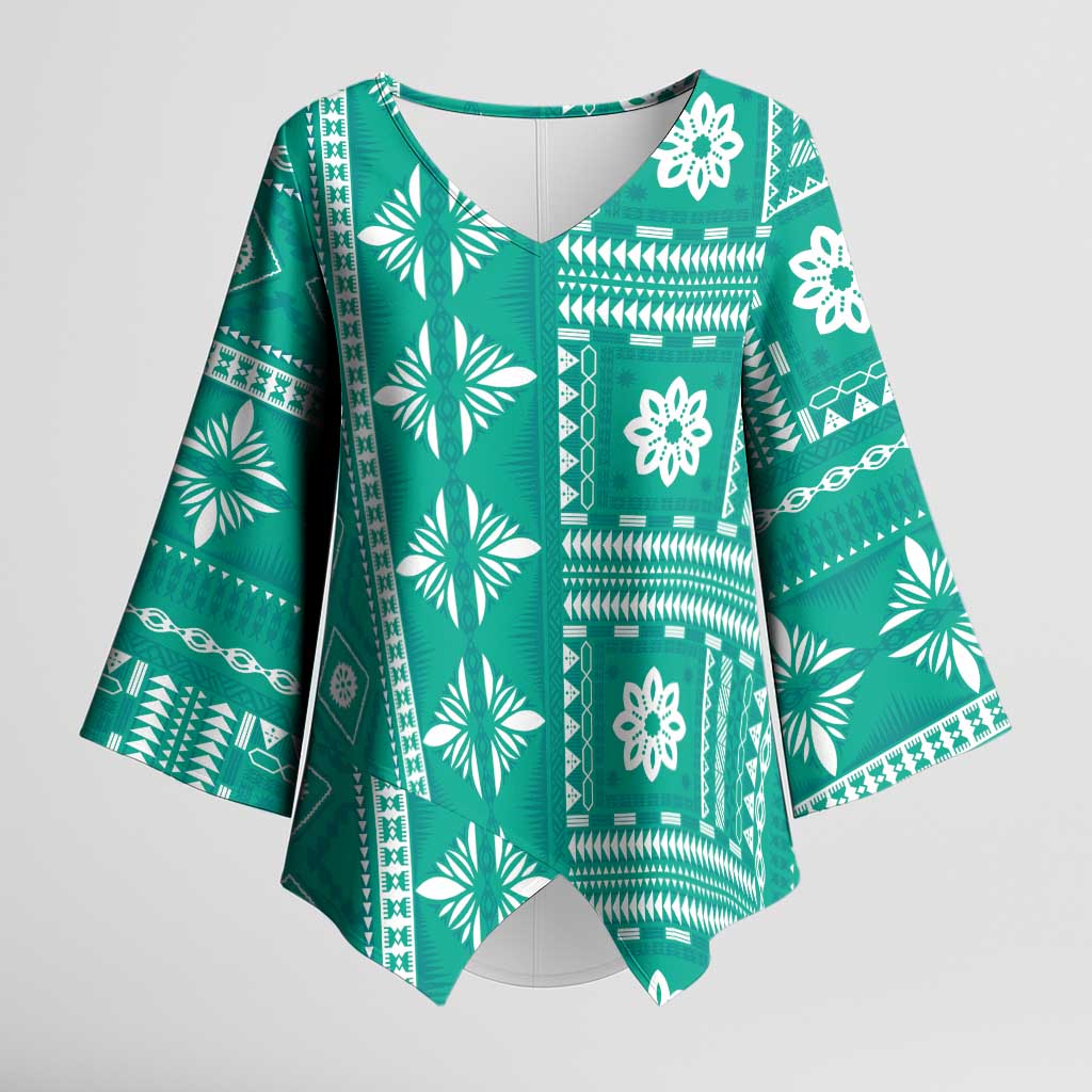 Fiji Masi All Teal Kimono Sleeve Blouse Tapa Pattern LT01 Female Teal - Polynesian Pride