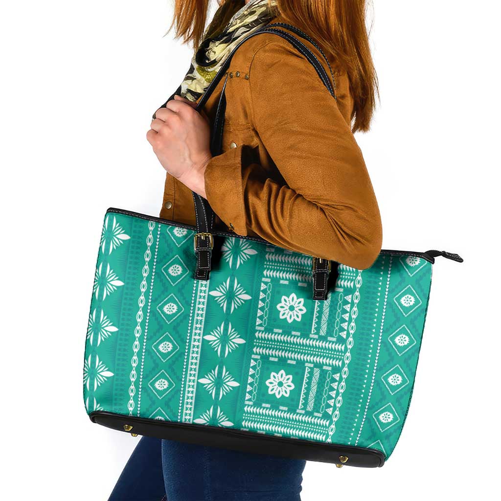 Fiji Masi All Teal Leather Tote Bag Tapa Pattern LT01 Teal - Polynesian Pride