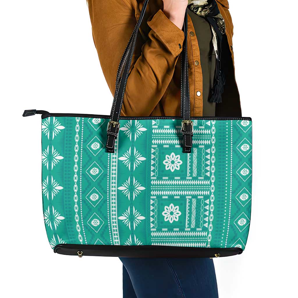 Fiji Masi All Teal Leather Tote Bag Tapa Pattern LT01 - Polynesian Pride