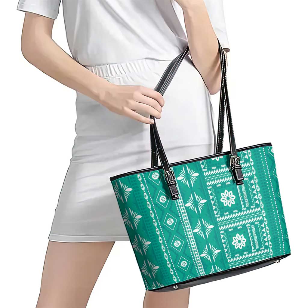 Fiji Masi All Teal Leather Tote Bag Tapa Pattern LT01 - Polynesian Pride