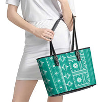 Fiji Masi All Teal Leather Tote Bag Tapa Pattern LT01 - Polynesian Pride