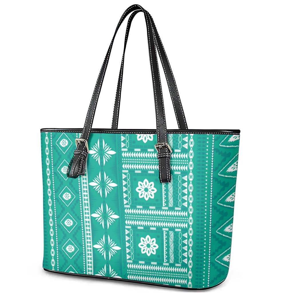 Fiji Masi All Teal Leather Tote Bag Tapa Pattern LT01 - Polynesian Pride