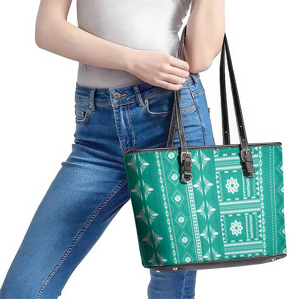 Fiji Masi All Teal Leather Tote Bag Tapa Pattern LT01 - Polynesian Pride