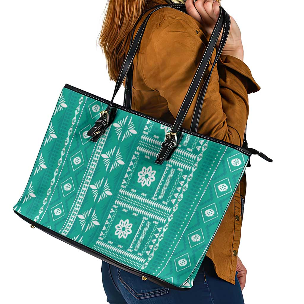 Fiji Masi All Teal Leather Tote Bag Tapa Pattern LT01 - Polynesian Pride