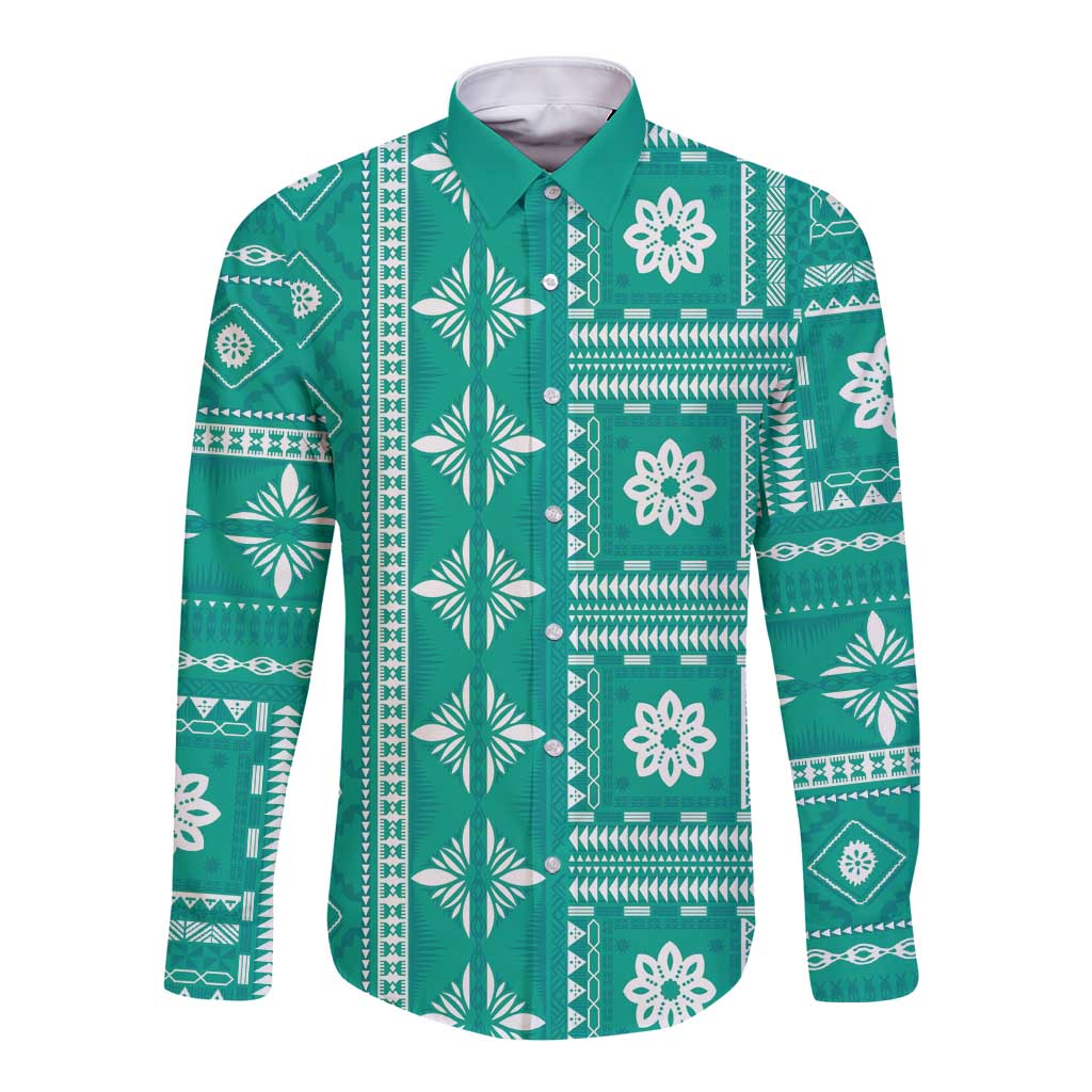 Fiji Masi All Teal Long Sleeve Button Shirt Tapa Pattern LT01 Unisex Teal - Polynesian Pride