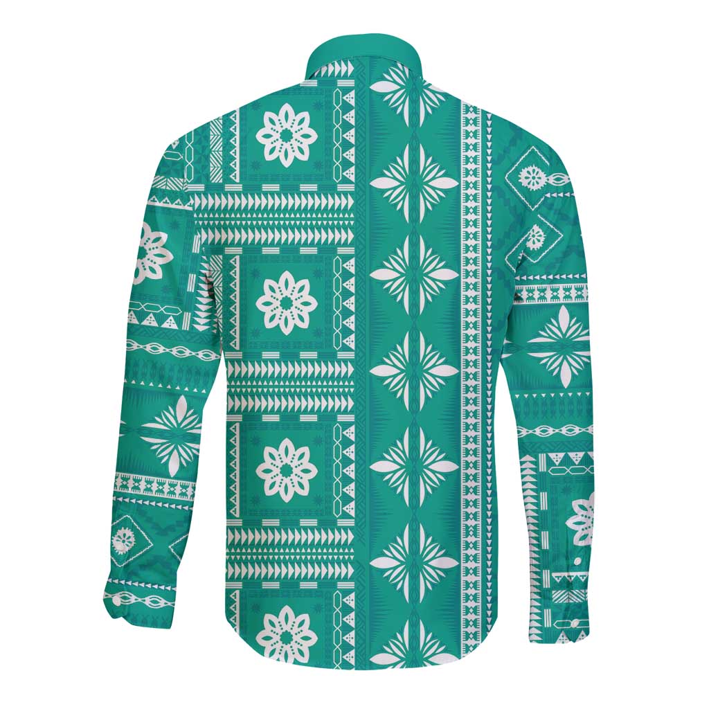 Fiji Masi All Teal Long Sleeve Button Shirt Tapa Pattern LT01 - Polynesian Pride