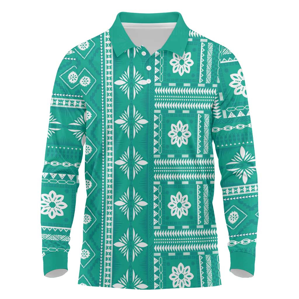 Fiji Masi All Teal Long Sleeve Polo Shirt Tapa Pattern LT01 Teal - Polynesian Pride