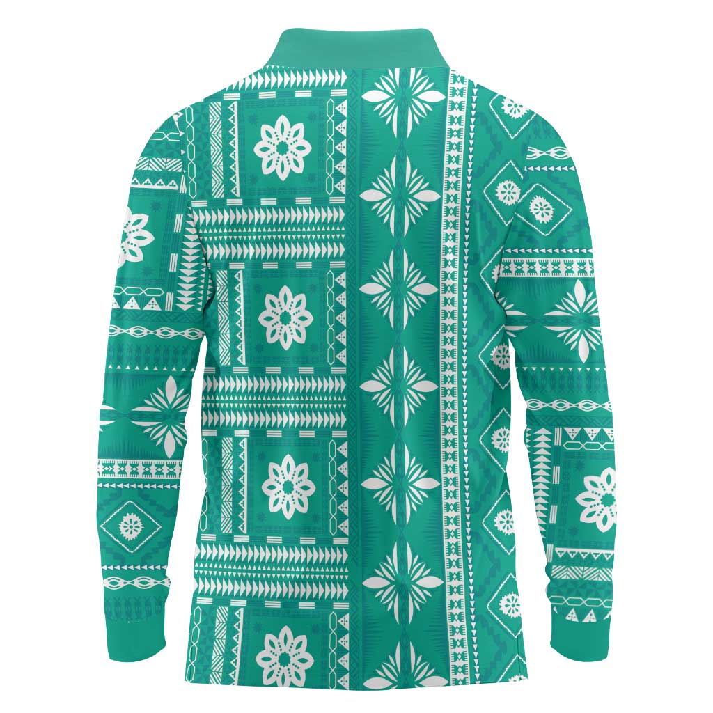 Fiji Masi All Teal Long Sleeve Polo Shirt Tapa Pattern LT01 - Polynesian Pride