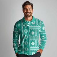 Fiji Masi All Teal Long Sleeve Polo Shirt Tapa Pattern LT01 - Polynesian Pride