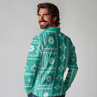 Fiji Masi All Teal Long Sleeve Polo Shirt Tapa Pattern LT01 - Polynesian Pride