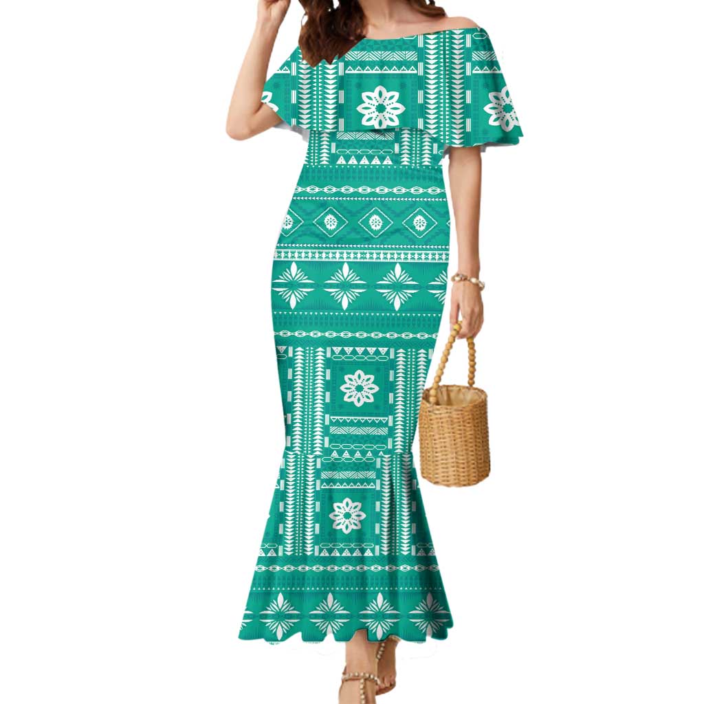 Fiji Masi All Teal Mermaid Dress Tapa Pattern LT01 Women Teal - Polynesian Pride