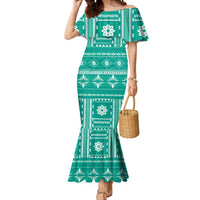 Fiji Masi All Teal Mermaid Dress Tapa Pattern LT01 Women Teal - Polynesian Pride