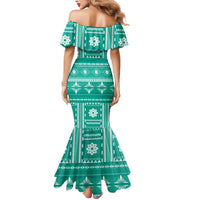 Fiji Masi All Teal Mermaid Dress Tapa Pattern LT01 - Polynesian Pride