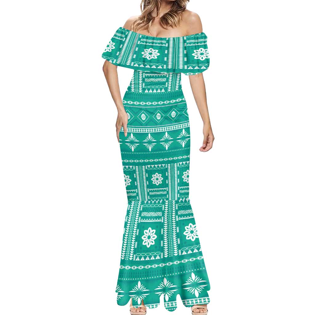 Fiji Masi All Teal Mermaid Dress Tapa Pattern LT01 - Polynesian Pride