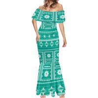 Fiji Masi All Teal Mermaid Dress Tapa Pattern LT01 - Polynesian Pride