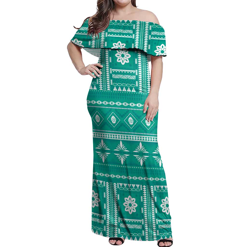 Fiji Masi All Teal Off Shoulder Maxi Dress Tapa Pattern LT01 Women Teal - Polynesian Pride