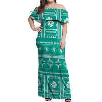 Fiji Masi All Teal Off Shoulder Maxi Dress Tapa Pattern LT01 Women Teal - Polynesian Pride