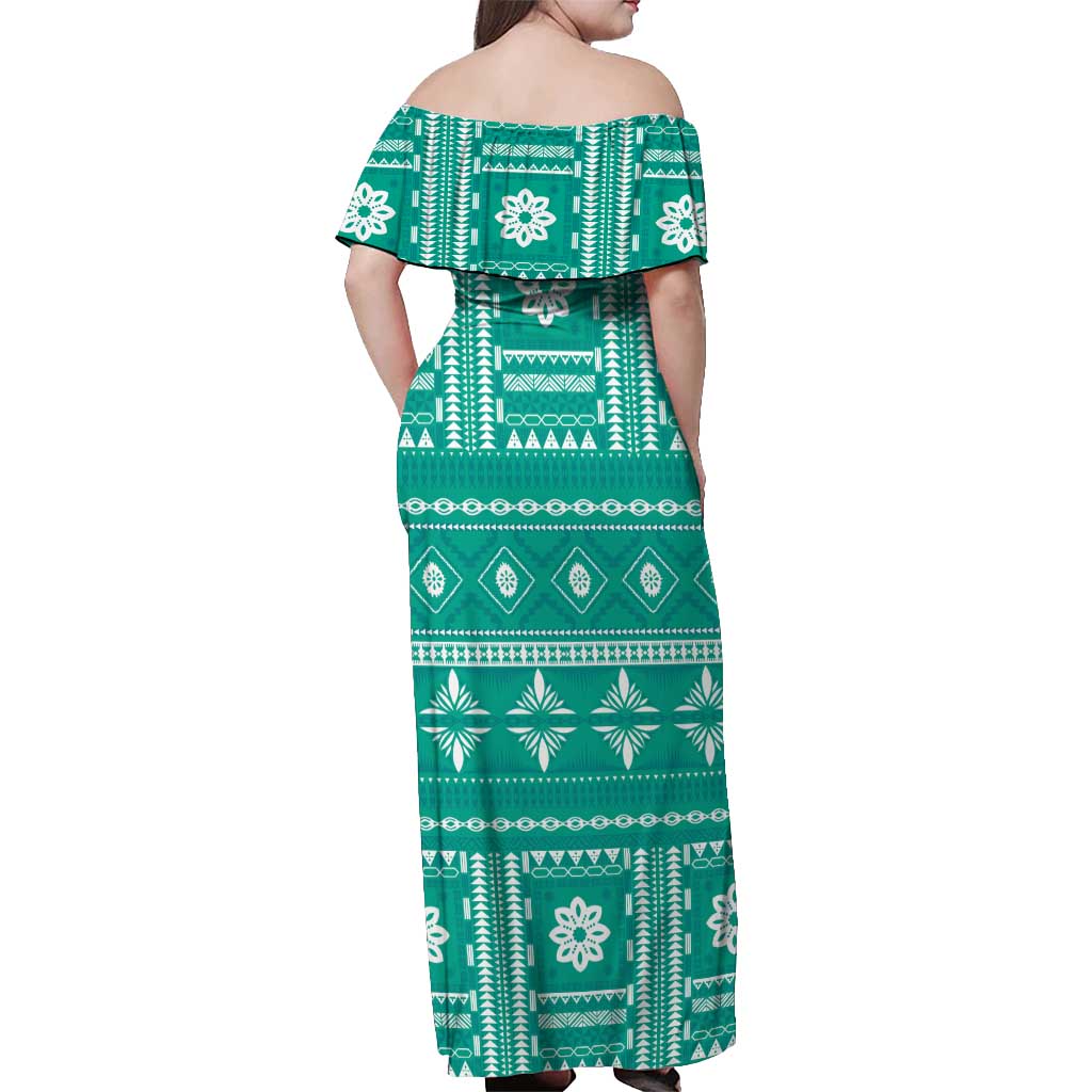 Fiji Masi All Teal Off Shoulder Maxi Dress Tapa Pattern LT01 - Polynesian Pride
