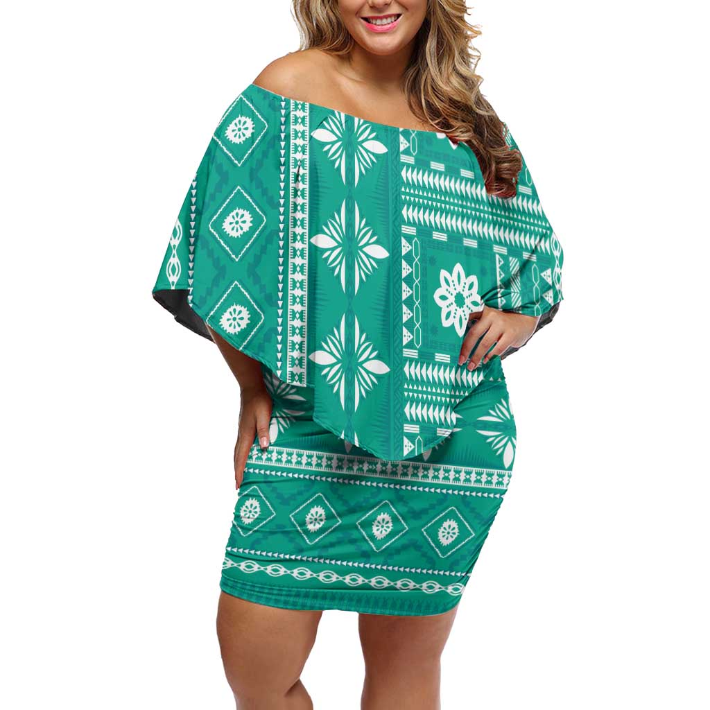 Fiji Masi All Teal Off Shoulder Short Dress Tapa Pattern LT01 Women Teal - Polynesian Pride