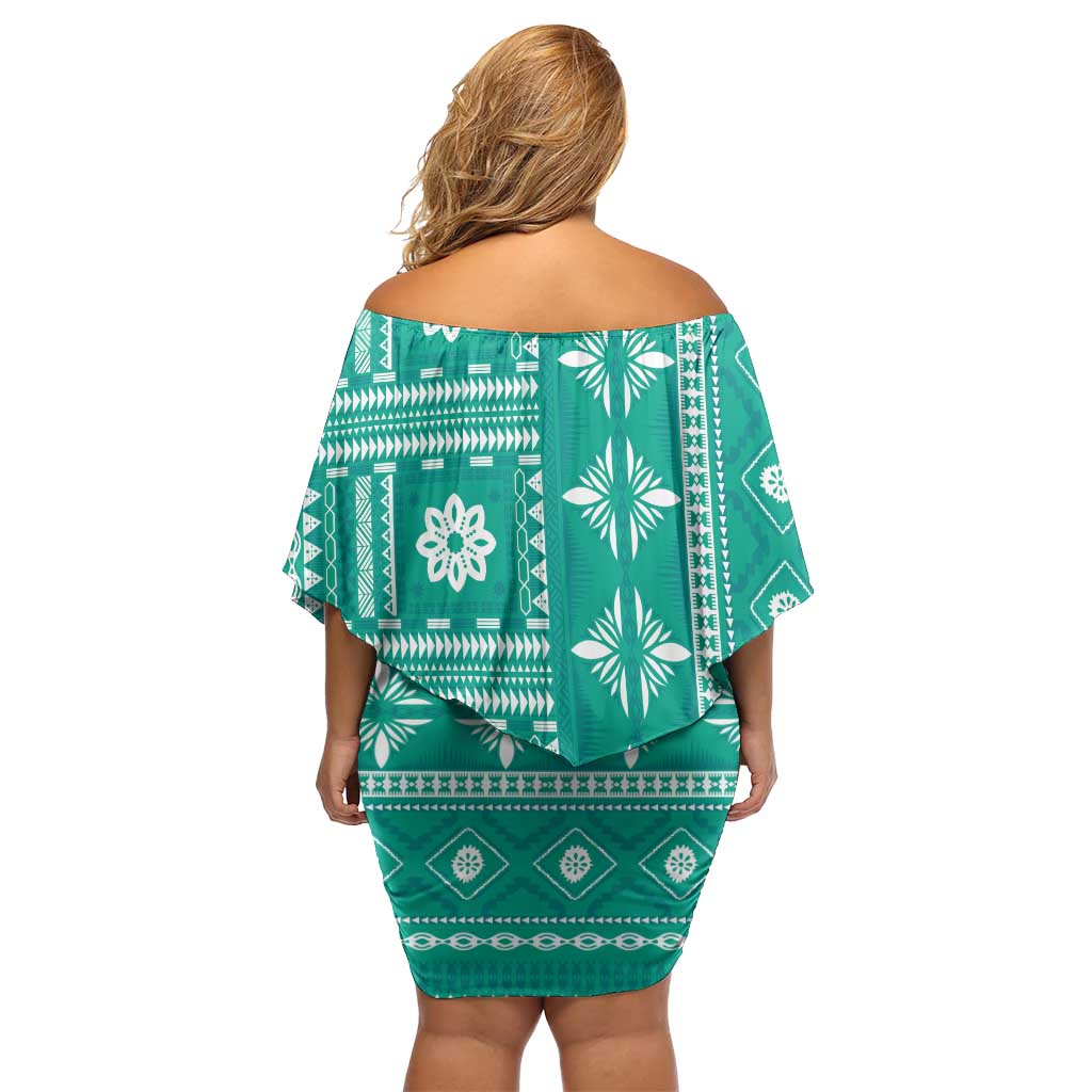 Fiji Masi All Teal Off Shoulder Short Dress Tapa Pattern LT01 - Polynesian Pride