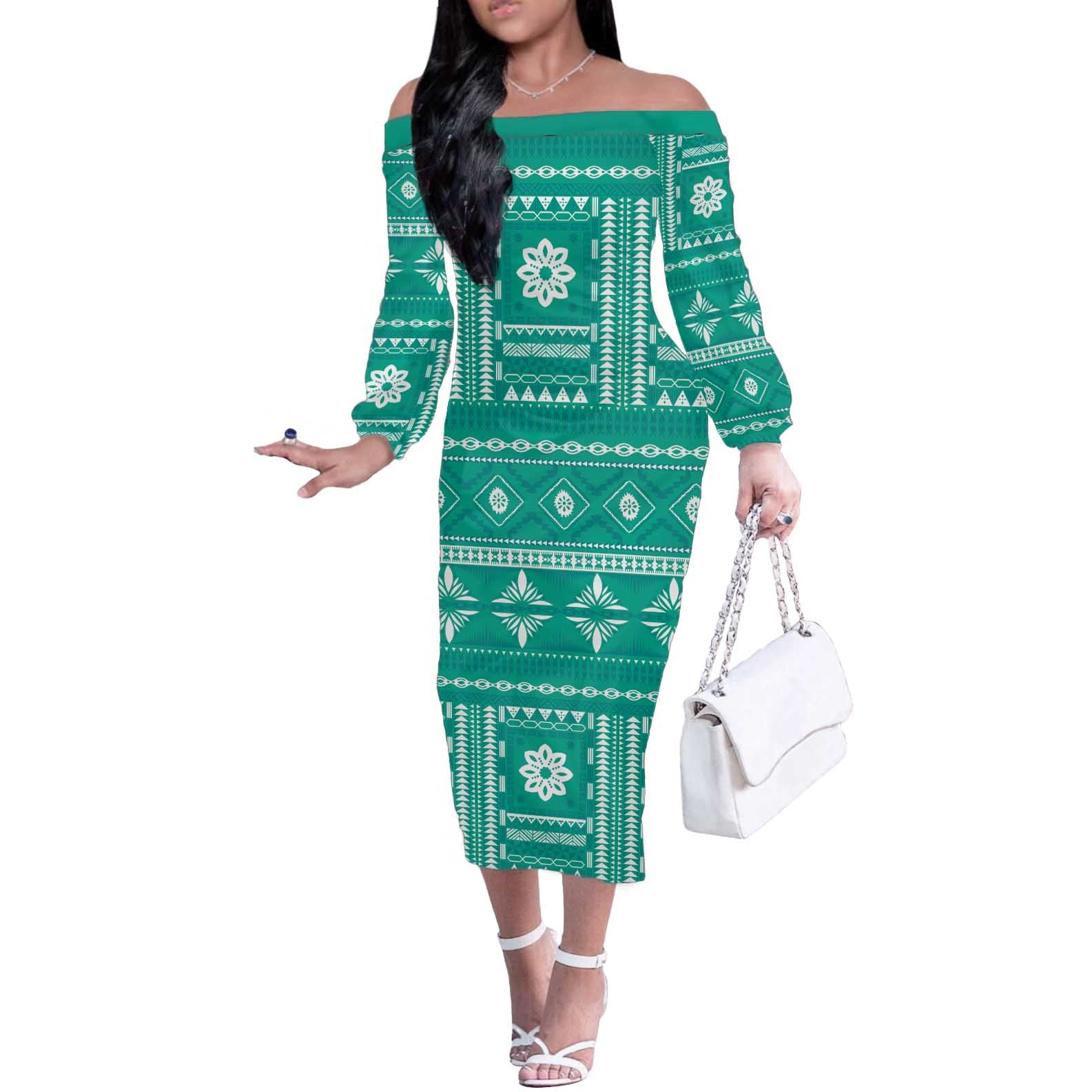 Fiji Masi All Teal Off The Shoulder Long Sleeve Dress Tapa Pattern LT01 Women Teal - Polynesian Pride