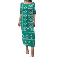 Fiji Masi All Teal Puletasi Tapa Pattern LT01 Long Dress Teal - Polynesian Pride