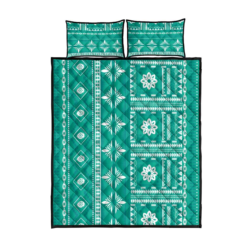 Fiji Masi All Teal Quilt Bed Set Tapa Pattern LT01 - Polynesian Pride