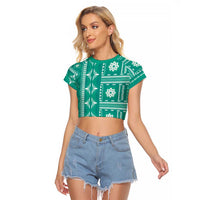 Fiji Masi All Teal Raglan Cropped T Shirt Tapa Pattern LT01 Female Teal - Polynesian Pride